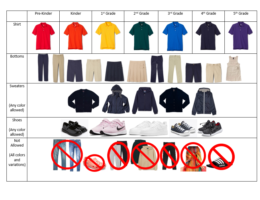 grade level uniform colors, bottom, sweaters, shoes and items not allowed